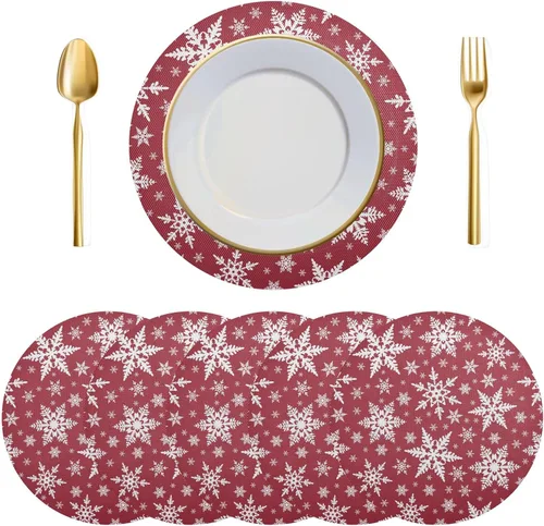 Vista 13 de Juego de 6 manteles individuales redondos, copos de nieve sobre rojo oscuro, resistentes al calor, para mesa de comedor, decoración de Navidad