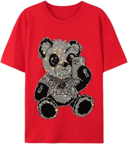 Vista 39 de HZCX FASHION Camiseta con strass brillante para Hombres y Mujeres, manga corta, con pedrería, para festivales de rock, con gemas, de algodón