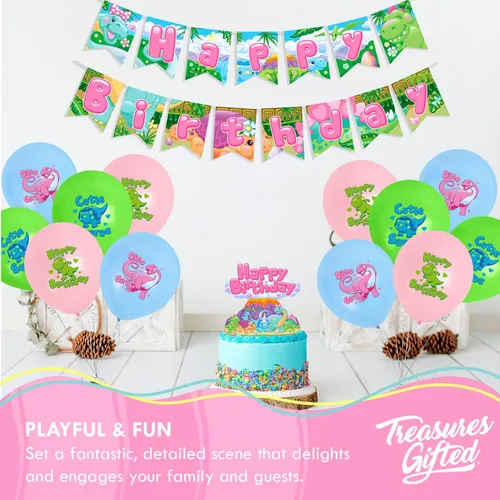 Vista 4 de Treasures Gifted Globo de dinosaurio para niña, paquete de 12, globos de látex de dinosaurio de 12 pulgadas, decoraciones de dinosaurio para niñas