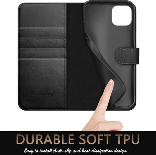 Vista 6 de DuckSky Funda tipo cartera de piel auténtica para iPhone 14 de 6.1 pulgadas con bloqueo RFID, 4 tarjeteros de crédito. Cuero auténtico. Funda