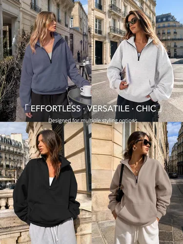 Vista 6 de Trendy Queen - Sudaderas con medio cierrey capucha de gran tamaño, comoda, extragrande, para otoño, Y2K, ropa de invierno, 2024 Gris