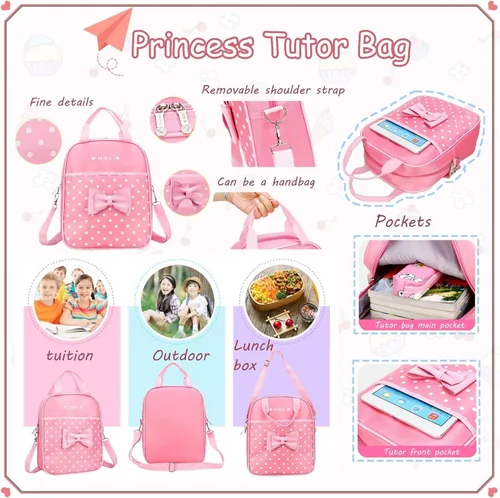 Vista 4 de Juego de 2 mochilas escolares con lazos para niñas y estudiantes, diseño de princesa para escuela primaria, 2pcs Negro-s, 2Pcs BagSet S