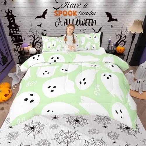 Vista 11 de Castle Fairy Happy Halloween - Juego de edredón para niños, tamaño Queen, juego de ropa de cama con diseño de fantasmas de dibujos animados rosa