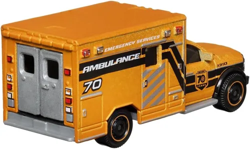 Vista 3 de Matchbox Moving Parts - Vehículo fundido a presión de 70 años de edición especial, HMV12 ~ Inspirado en la ambulancia Ram 2019 ~ 5/5 naranja y negro