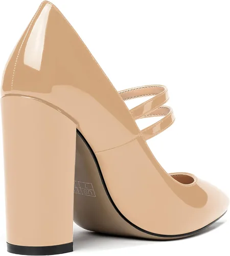 Vista 5 de MERRORI Vestido sólido con correa ajustable para mujer, con hebilla de patente, puntera puntiaguda, tacón alto, zapatos de 4 pulgadas Beige