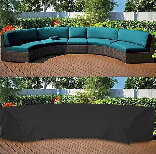 Vista 4 de Funda de sofá curvada para sofá al aire libre, protector seccional, impermeable, con media luna, con cordón elástico resistente al viento