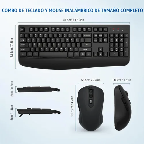Vista 6 de Combo de teclado y ratón inalámbricos, teclado inalámbrico de tamaño completo de 2.4GHz con cómodo reposa muñecas y ratón óptico inalámbrico