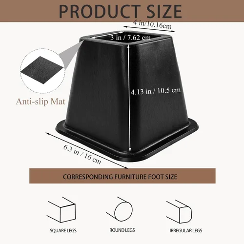 Vista 7 de Paquete de 6 elevadores para muebles de cama, de plástico de calidad de 4 pulgadas, patas de cama negras apilables para sofá, silla, gabinete