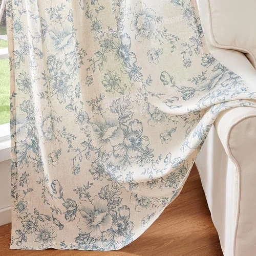 Vista 5 de Jinchan Cortinas de Mezcla de Lino con Estampado Floral para Sala de Estar, 84 Pulgadas de Largo, Cortinas con Bolsillo para Varilla y Tab Trasera