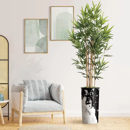 Vista 12 de Árbol artificial en macetero contemporáneo con efecto de granito, palmera tropical areca artificial de seda para decoración del hogar en interiores