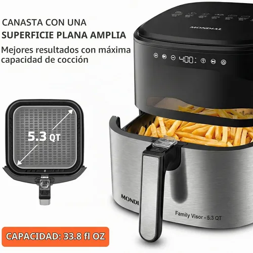Vista 4 de Mondial Air Fryer Digital 5.3 litros (5.3QT) - Freidora eléctrica con pantalla y acabado de acero inoxidable - 1800W - Negro