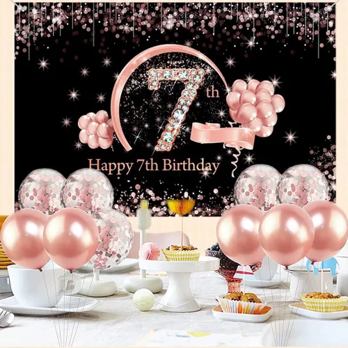 Vista 3 de Cartel de tela para decoración de cumpleaños número 7 para niñas, cartel de tela para fiesta de cumpleaños de niña de 7 años, fondo de foto negro