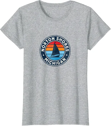 Vista 3 de Norton Shores Michigan MI Vintage Sailboat Retro 70s Camiseta, Gris
