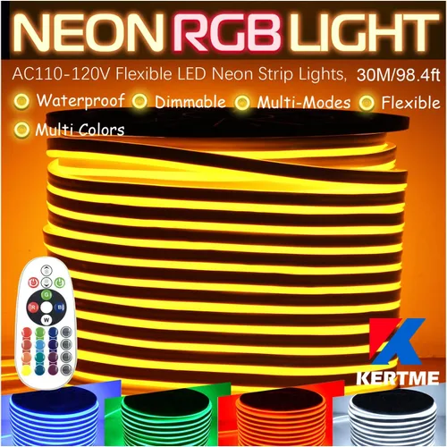 Vista 11 de Tira de luz LED RGB de neón, AC110-120 V/flexible, impermeable, regulable, multicolor, multimodos, cuerda de luz + control remoto de 24 teclas