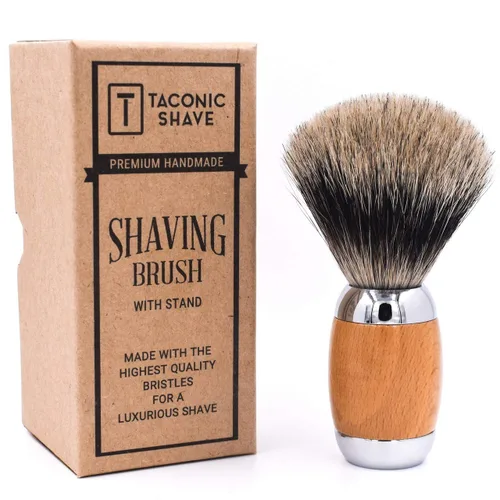 Vista 4 de Taconic Shave Cepillo de afeitar de lujo 100% de tejón puro de 3 bandas con madera de haya de lujo y mango cromado, soporte de afeitado incluido