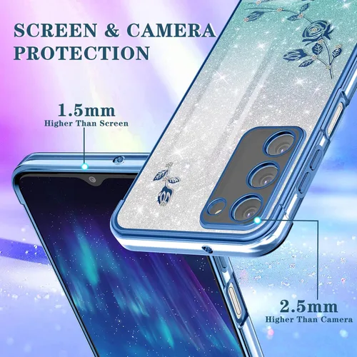 Vista 5 de Funda 3 en 1 para teléfono Samsung Galaxy A03S con purpurina brillante para mujeres y niñas, cubierta brillante con bonito diseño floral de flores