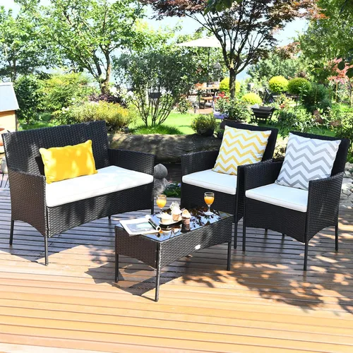 Vista 5 de Juego de muebles de patio de 4 piezas, juego de conversación al aire libre con respaldo ergonómico curvo, juego de sillas de patio con cojín