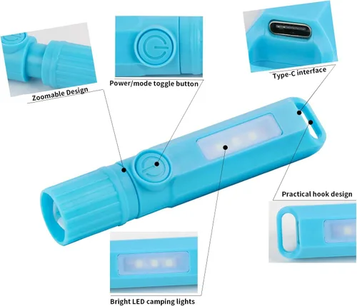 Vista 5 de Paquete de 3 linternas recargables USB C mini linternas LED, combo de linterna de camping, linterna ultraligera con zoom para regalo, camping