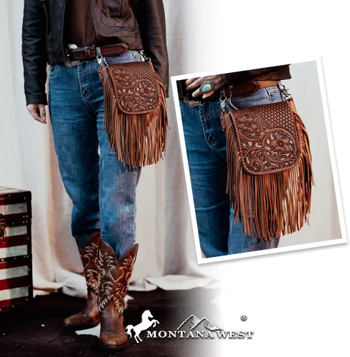 Vista 2 de Montana West Bolso cruzado para mujer de cuero genuino con flecos occidentales