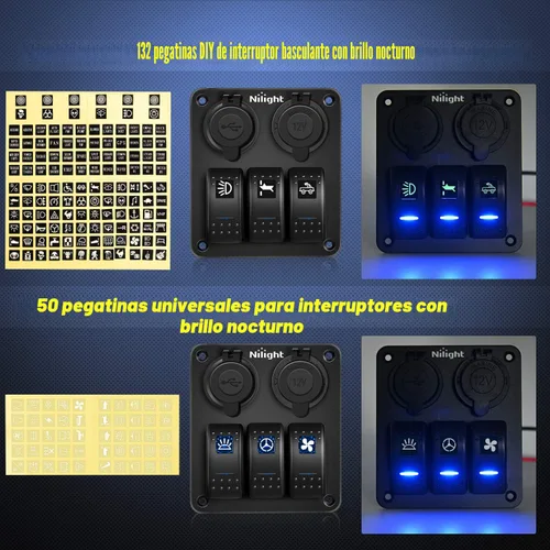 Vista 5 de Nilight - Panel de interruptor basculante de 3 bandas 90115C Panel de interruptores de aluminio precableado impermeable con enchufe de cargador USB