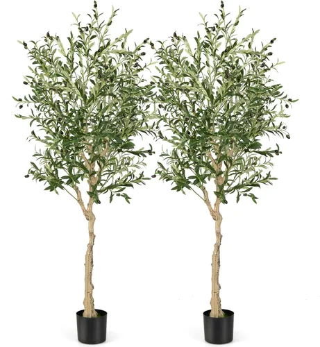 Vista 10 de GOFLAME Paquete de 2 olivos artificiales, árbol de seda de olivo sintético en maceta de 4.5 pies con ramas y frutas realistas, plantas verdes falsas