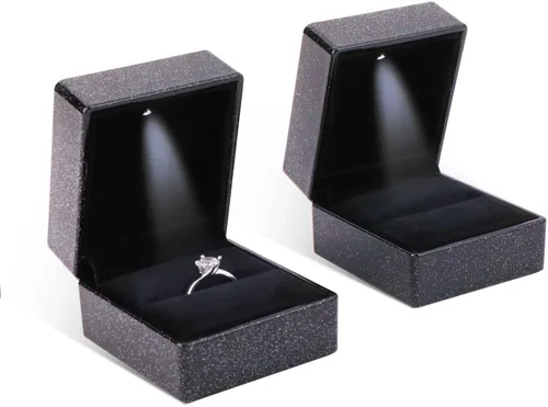 Vista 2 de iSuperb Caja de anillo con luces LED, 2 unidades, para propuestas, compromisos, bodas, regalos (paquete de 2 unidades, cielo estrellado, negro)