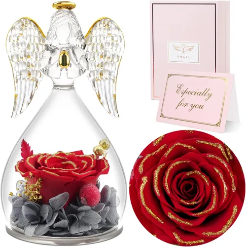 Vista 26 de Sunia Regalos para mamá, regalos de cumpleaños para mujeres, rosas reales preservadas en figura de ángel de cristal, flores eternas para la entrega