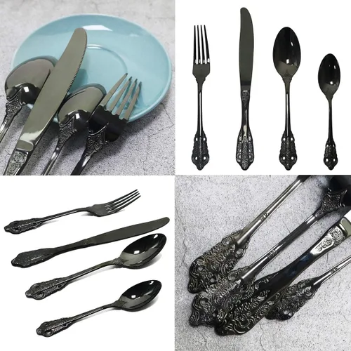 Vista 4 de Juego de cubiertos de 4 piezas, cubiertos de acero inoxidable 18/10, incluye cuchillo, tenedor, cuchara, cuchara de té, pulido con espejo, apto