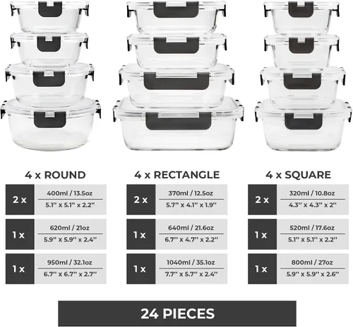 Vista 11 de Freshware - Recipientes de almacenamiento de vidrio con tapas, 24 piezas, recipientes de vidrio para almacenamiento de alimentos con tapas, a prueba