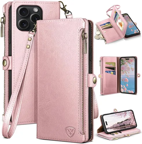 Vista 14 de XcaseBar Funda tipo cartera compatible con iPhone 14 Pro Max de 6.7 pulgadas con cremallera y tarjetero de crédito, bloqueo RFID, funda de piel