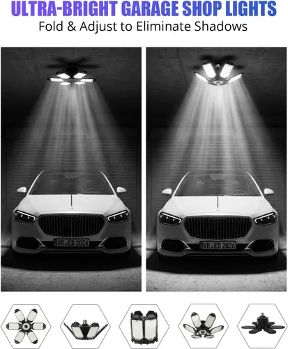 Vista 3 de Tudoccy Luces de garaje, paquete de 2 luces LED de techo de garaje de 34000 lúmenes, 6500 K, luz LED para tienda, 6 paneles ajustables, bombilla