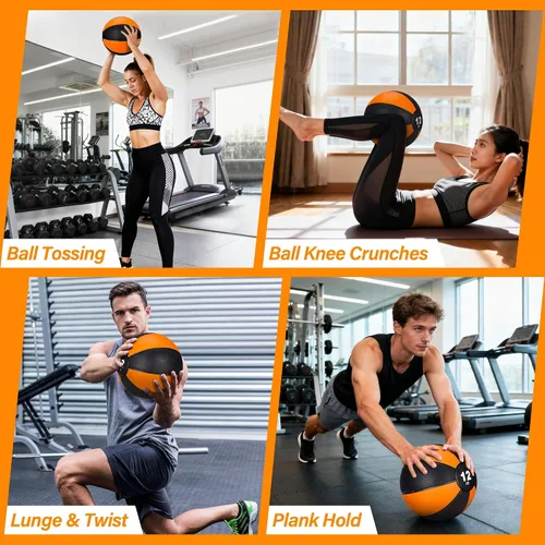 Vista 7 de Pelota medicinal Slam de 12 libras con peso y agarre texturizado de carcasa de goma para fuerza central, ejercicio, cardio, equilibrio y flexibilidad