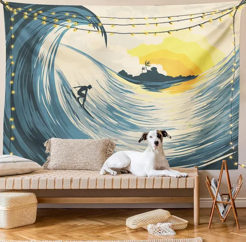 Vista 8 de Ambesonne Tapiz oceánico, ilustración de cielo nublado, isla tropical ola y surfista al atardecer paisaje marino, colgante de pared para dormitorio