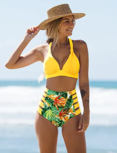 Vista 3 de SPORLIKE - Traje de baño de cintura alta para mujer, bikini de dos piezas con control de abdomen y parte superior triangular