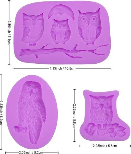 Vista 2 de Moldes de silicona de búho para manualidades, juego de 3 piezas, múltiples diseños con patrón de ramas, moldes de fondant para decoración