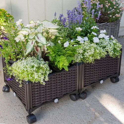 Vista 9 de Barton Cama de jardín elevada de plástico marrón con diseño de riego automático para exteriores, kit de jardinera elevada con ruedas móviles