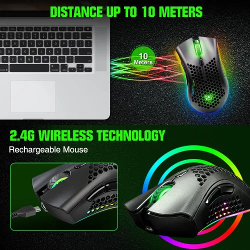 Vista 4 de KM-1 Ratón Gaming, Ratón Inalámbrico Gaming Ratones de Computadora USB con Carcasa de Panal, 6 Botones Programables, 3 DPI Ajustables, Ratón Óptico