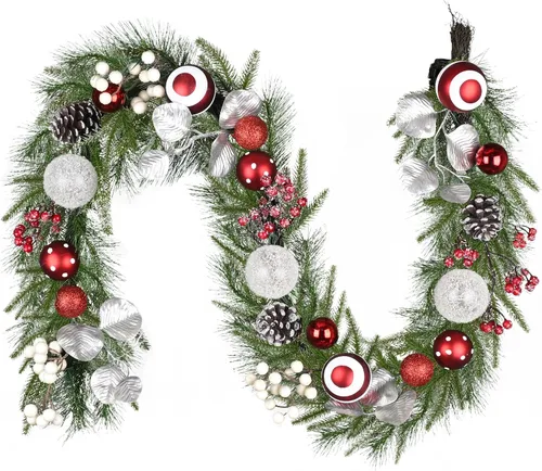 Vista 7 de Valery Madelyn - Guirnalda de Navidad de 1.8 m preiluminada con luces para manto, guirnalda navideña iluminada para exteriores con bolas rojas