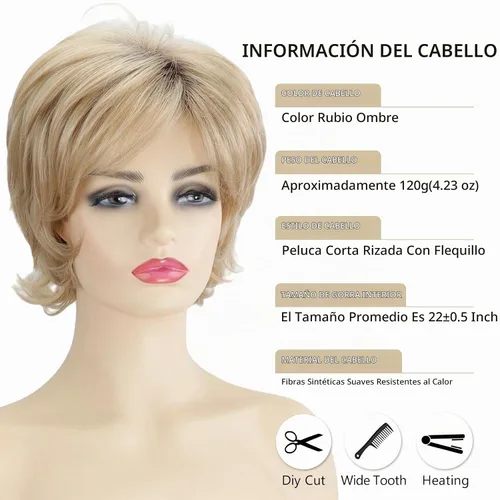 Vista 3 de TISHINING Pelucas Rizadas Cortas de Corte Pixie Ombre Rubias para Mujeres Blancas Peluca Rubia Mixta Esponjosa en Capas con Flequillo de Aspecto