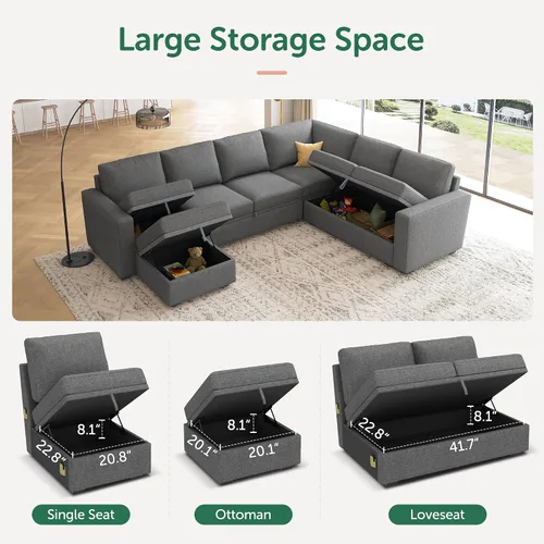 Vista 4 de HONBAY Sofá Seccional Cama con Cama Extraíble, Sofá en Forma de U con Almacenamiento, Sofás Seccionales Modulares para Sala de Estar, Gris Oscuro