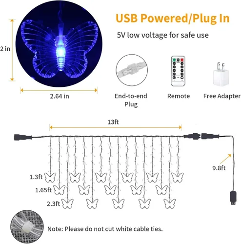 Vista 7 de Butterfly Curtain Lights 13ft 96 LED Twinkle Fairy Lights 8 Modes String Lights with Remote, Butterfly Hanging Decoration for Bedroom Dorm Wall