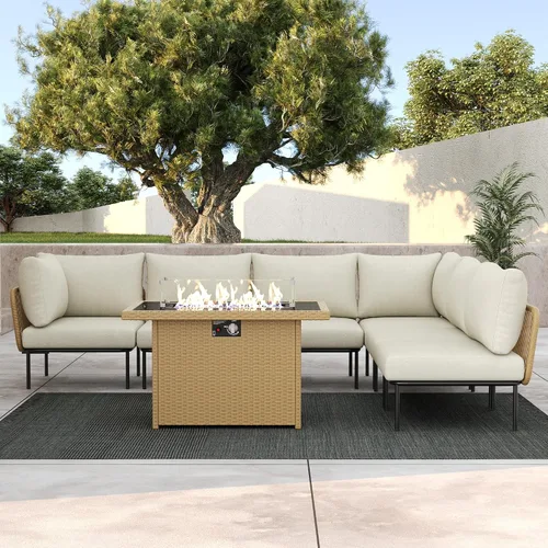 Vista 39 de LayinSun Juego de muebles de patio de aluminio de 7 piezas, sofá modular moderno con mesa auxiliar y cojín de grosor mejorado Gris claro