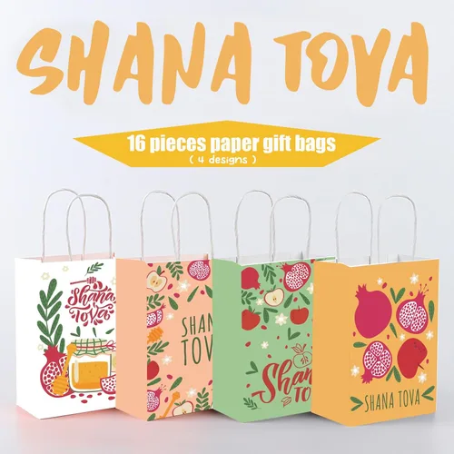 Vista 2 de DoneJPee 16 bolsas de regalo de Rosh Hashanah, bolsas de regalo de Año Nuevo judío Shana Tova, decoraciones de fiesta de Rosh Hashanah y suministros
