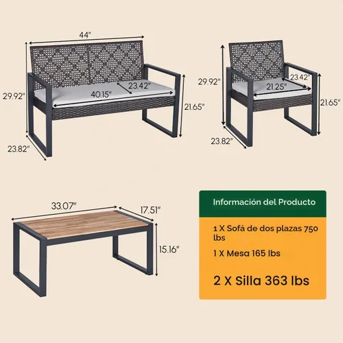 Vista 3 de BEEFURNI Juego de 4 muebles de mimbre para patio al aire libre, color negro