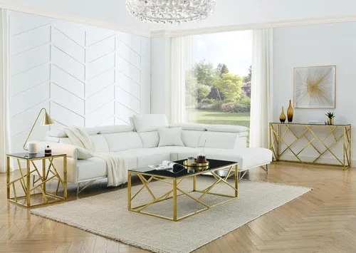 Vista 3 de SSLine Mesa de centro de cristal negro con patas de acero inoxidable doradas, mesa de centro rectangular de lujo para sala de estar, moderna