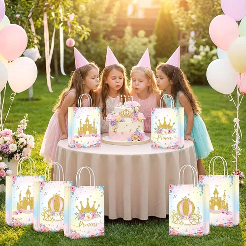 Vista 6 de Sepamoon 24 bolsas de regalos de princesa, con temática de princesa, corona, castillo, con asas, para cumpleaños de niñas y niños, decoraciones