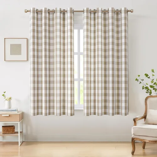 Vista 21 de Amzdecor Cortinas a cuadros con ojales de búfalo de 54 pulgadas de largo, cortinas texturizadas semitransparentes para sala de estar, dormitorio