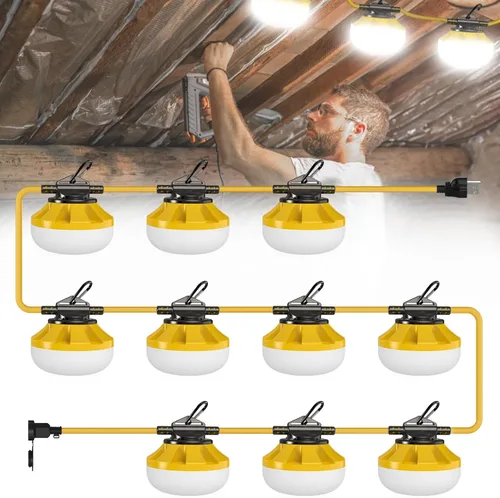 Vista 10 de Cadena de luces de construcción de 50 pies: Cadena de luces de trabajo de 50W con 5 bombillas y ganchos, Iluminación de construcción temporal IP65