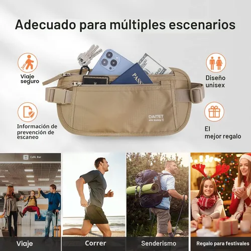 Vista 5 de Cinturón de dinero, soporte para pasaporte, cartera de viaje oculta segura con bloqueo RFID, riñonera encubierta, Beige, Rfid Blocking & Belt