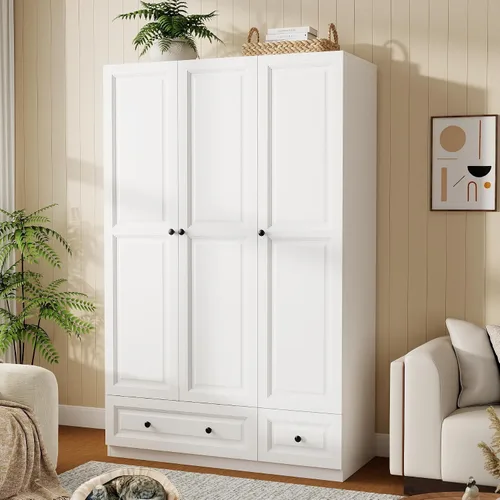 Vista 10 de Armario de dormitorio con cajones: armario de madera de 74 pulgadas con 3 puertas, armarios negros con 2 cajones, armario alto con estantes y ropa